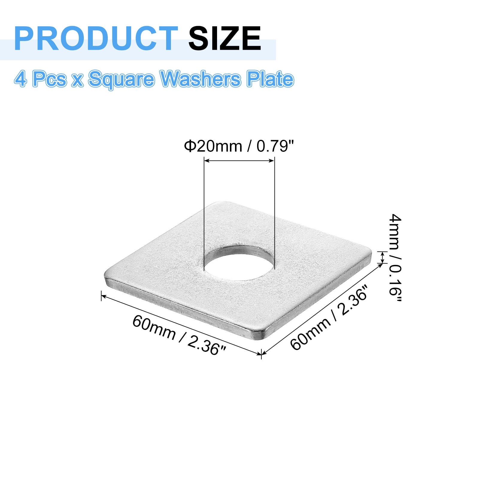 4Pcs 2-3/8" Square Plate Washer for 13/16" Bolt, 304 Stainless Steel Flat Bearing Plate (0.16" Thick)