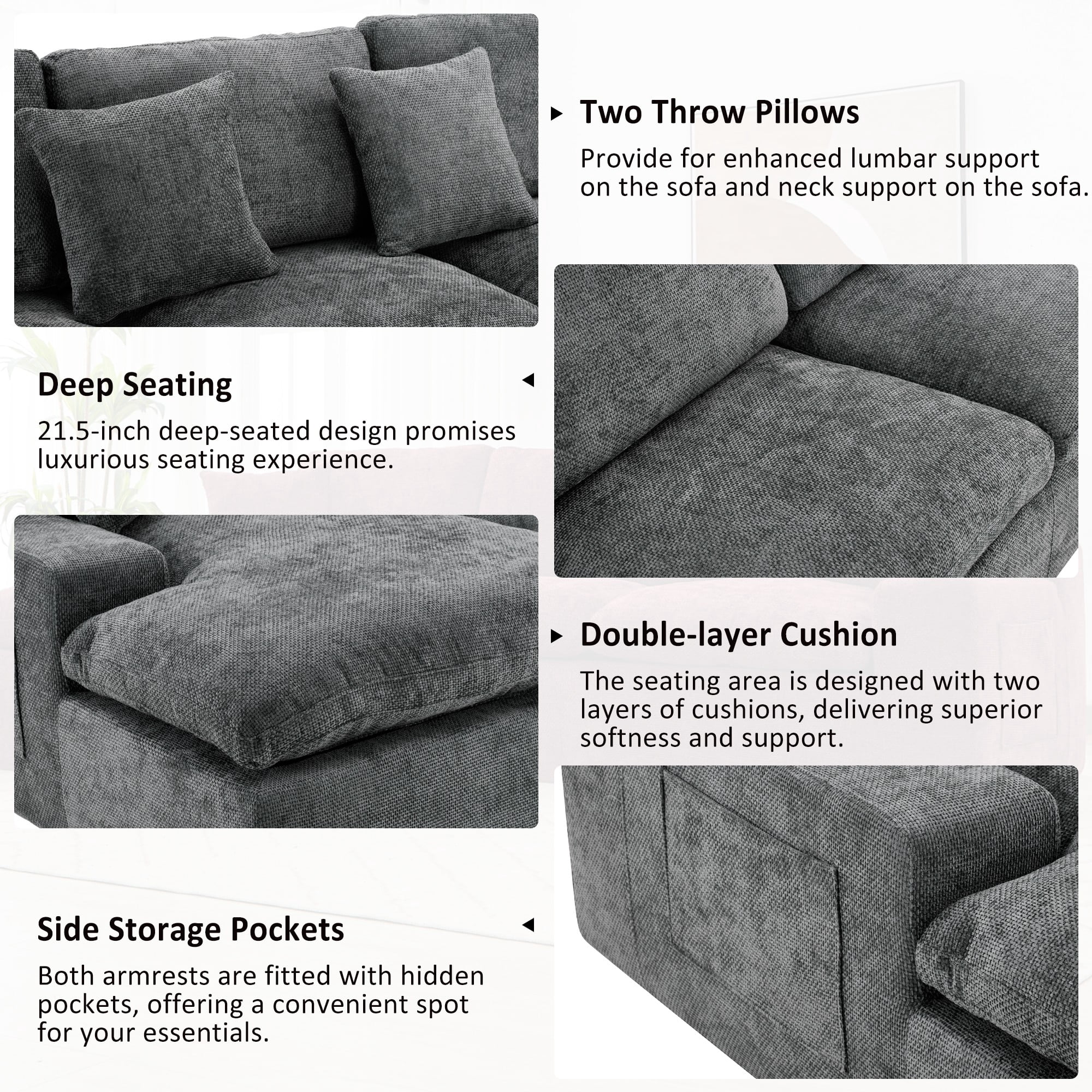 107.9" Upholstered Sectional Sofa,Cloud Sofa Couch with Double-layer Cushion and Side Pockets,Compressed Sofa,Free-combined Sectional Sofa for Living Room,Grey