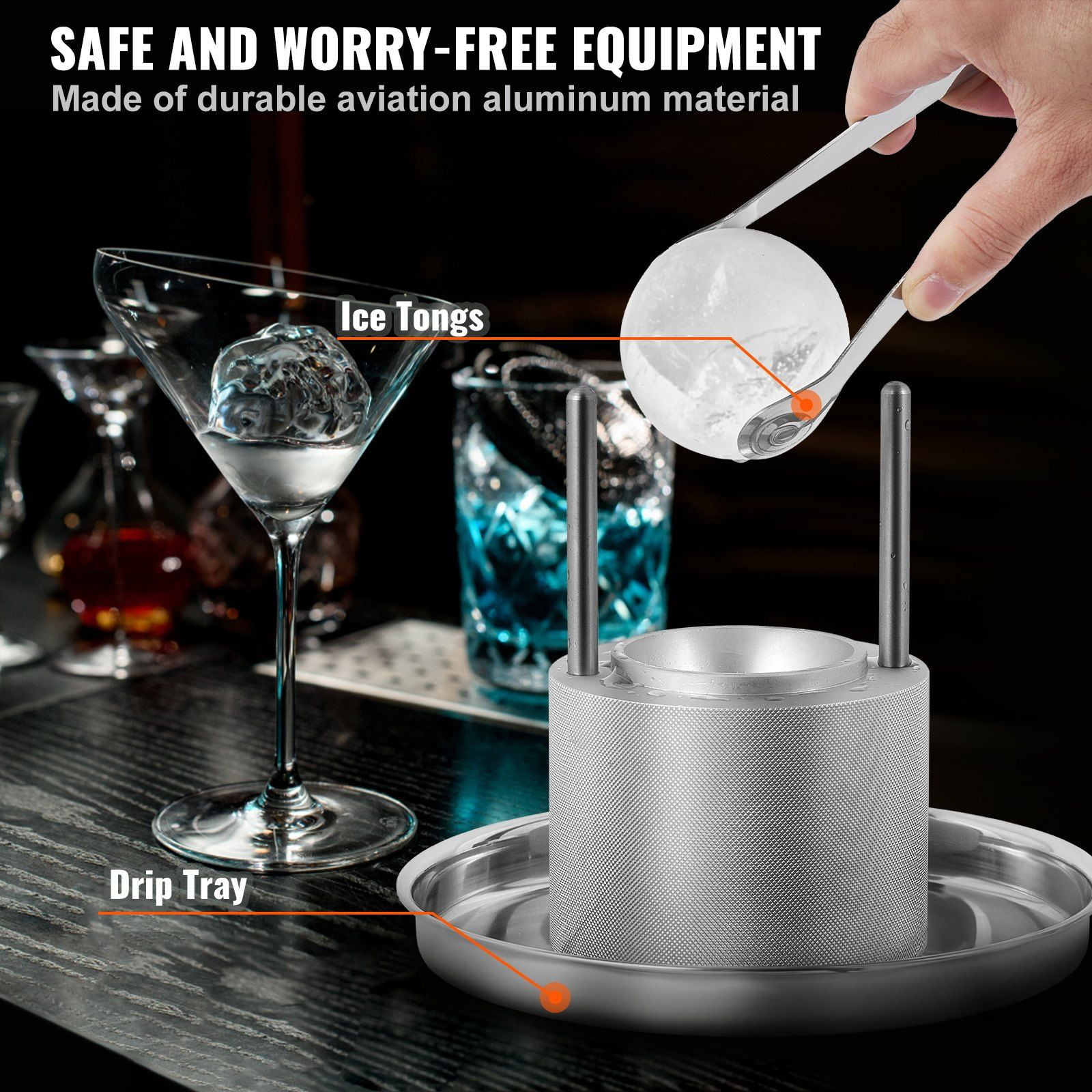 2.4" Ice Ball Press Kit, Aircraft Aluminum Alloy Ice Sphere Maker for 60mm Ice Balls - Includes Tongs & Drip Tray, Perfect for Whiskey, Bourbon, Scotch Cocktails - Party & Holiday Essential (Silver)