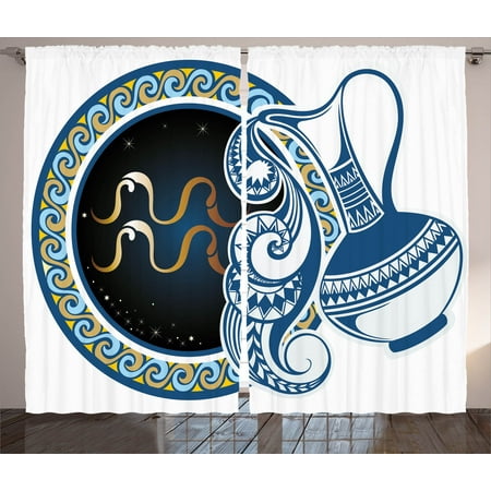 Gold Wall Covering Zodiac Decor Curtains 2 Panels Set, Image of Aquarius Sign with Jug and Circular Globe World Form on Background , Window Drapes for Living Room Bedroom, 108W X 90L Inches, Blue Gold, by Ambesonne ()