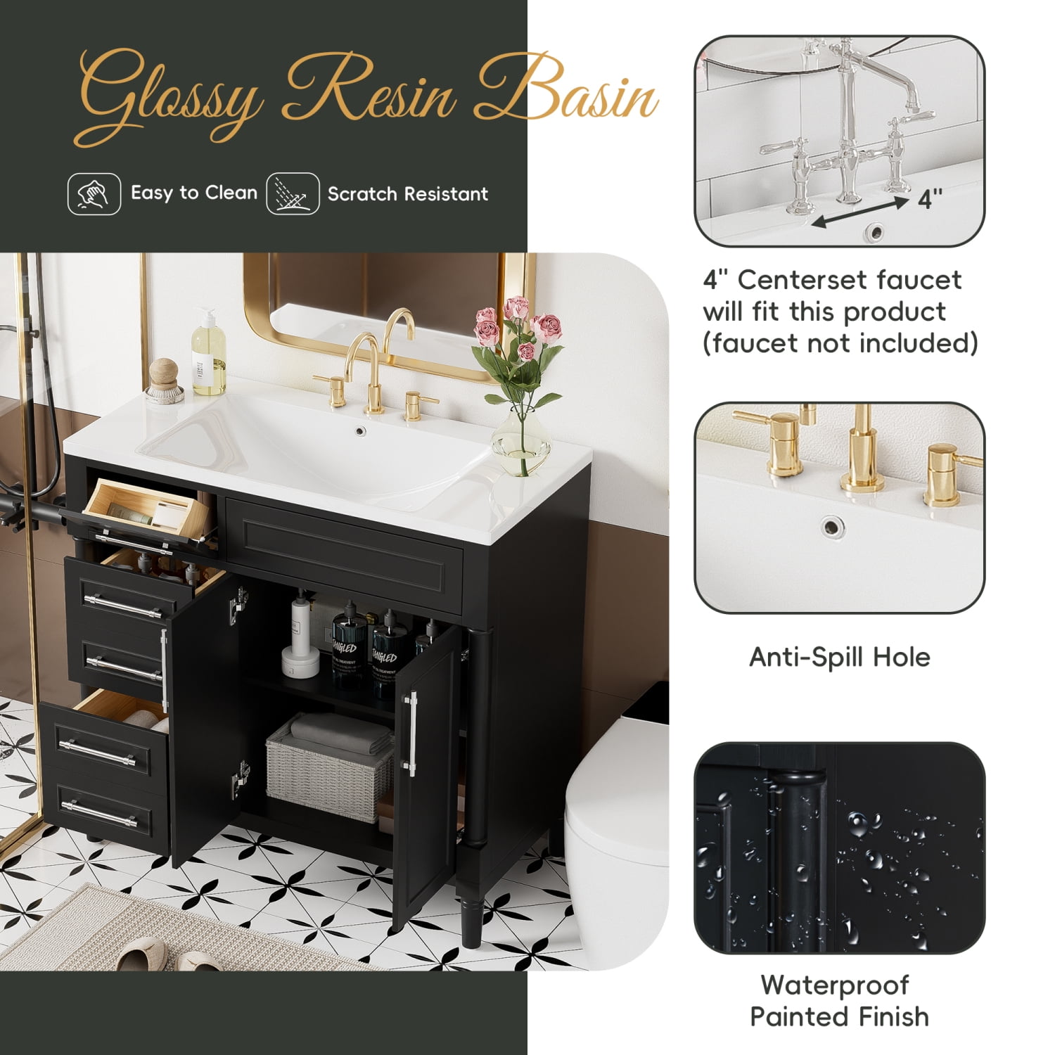 Harper & Bright Designs 36'' Bathroom Vanity with Top Resin Sink, Bathroom Storage Cabinet with 2 Drawers and Tip-out Drawer, Solid Wood Frame Vanity Set with Adjustable Shelf, Black