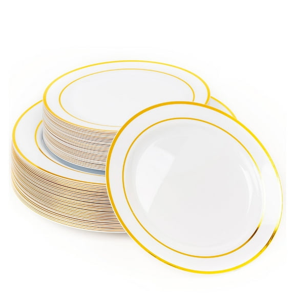 Matana 60 PC Reusable Gold Plastic Plates, 30 Dinner 10.25", 30 Dessert 7.5", Elegant for Parties
