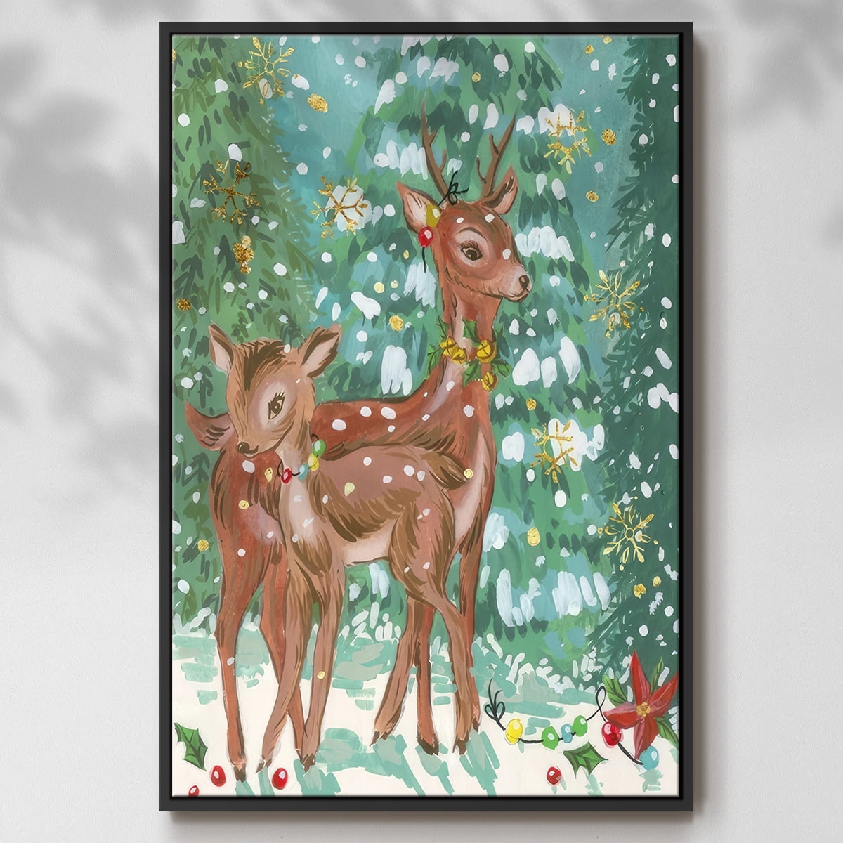 Doe and Fawn II - Framed Gallery Wrapped Holiday Canvas - 27 x 41 - Black Frame