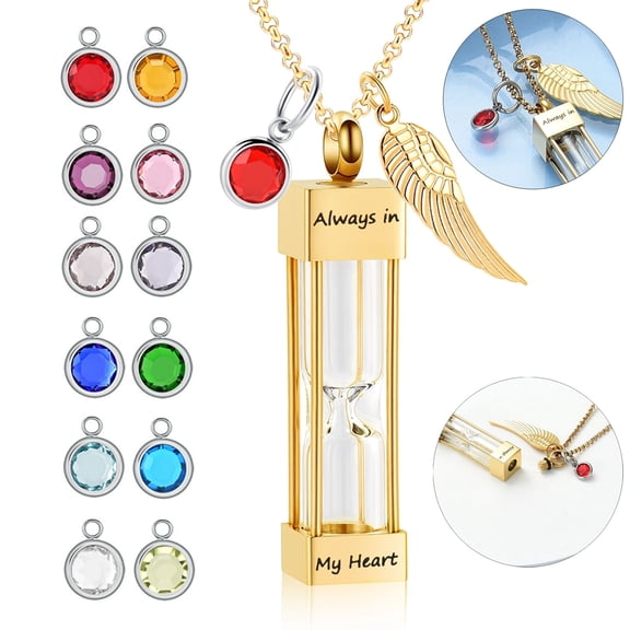Timeless Hourglass Urn Necklaces for Ashes with 12 Birthstones Women Men Memorial Pendant Keepsake Cremation Jewelry for Human / Pet