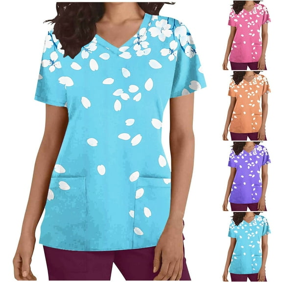Xuniizn Nurse Shirts for Women Summer Casual Round Neck Short Sleeves Printed Shirts Breathable Soft Scub Tops
