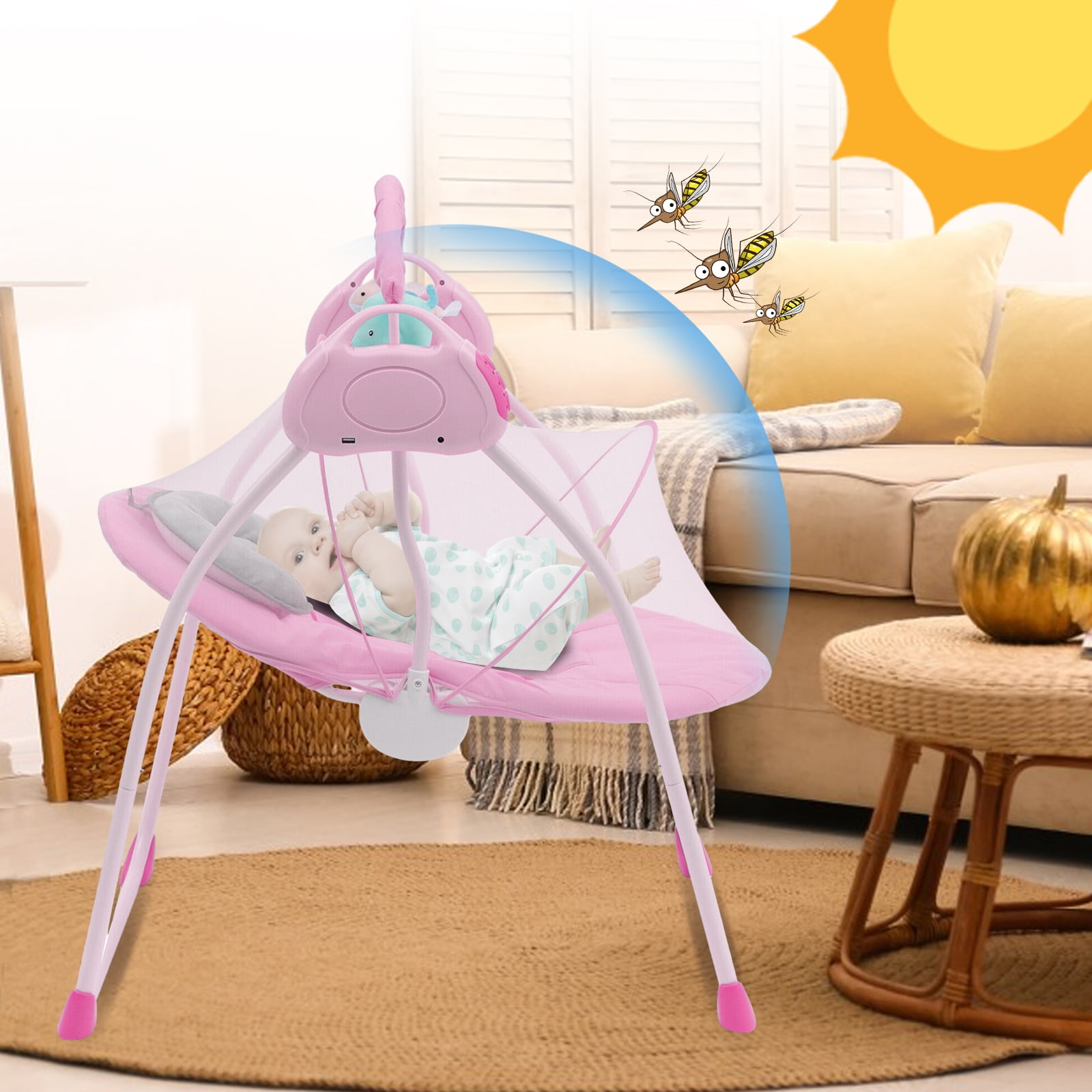 ANJORALA Baby Swings for Infants Toddler, Portable Newborn Swing Bouncer, Bluetooth(Pink)