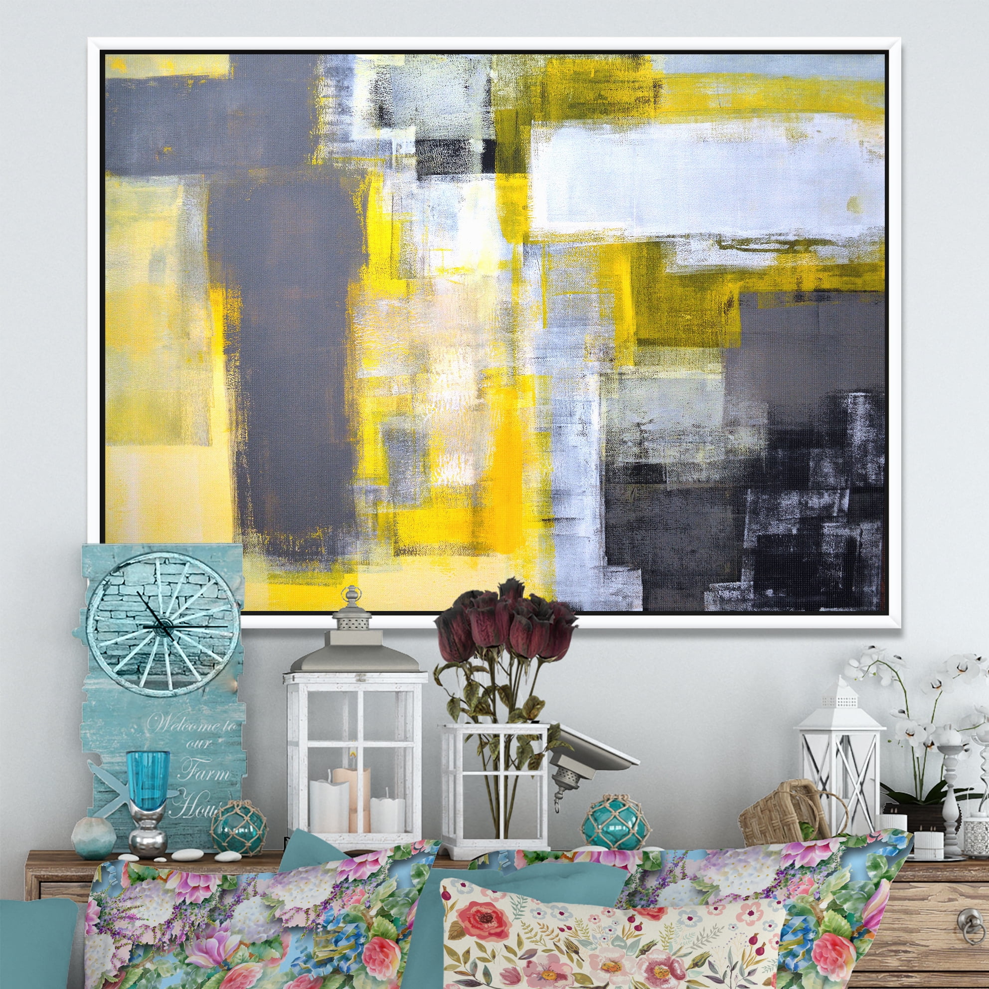 Designart ' Grey and Yellow Blur Abstract ' Abstract Framed Canvas Art Print