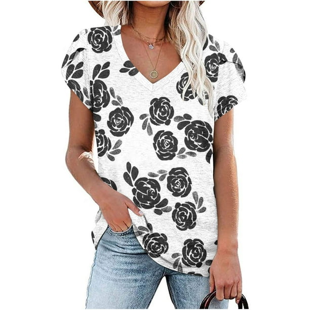 Fiudx Liquidación de Ofertas Flash Camiseta Holgada con Cuello En V Estampada para Mujer