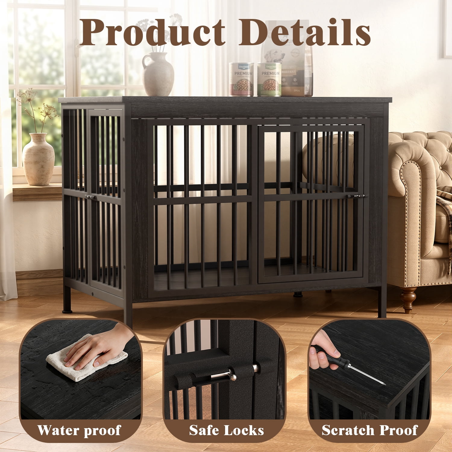 Ironovahome 45" Dog Crate Furniture for Medium/Large Dogs, Heavy Duty Wooden Dog Crate with Double Doors & Safe Locks, XL Large Indoor Dog Kennel Pet House, Black
