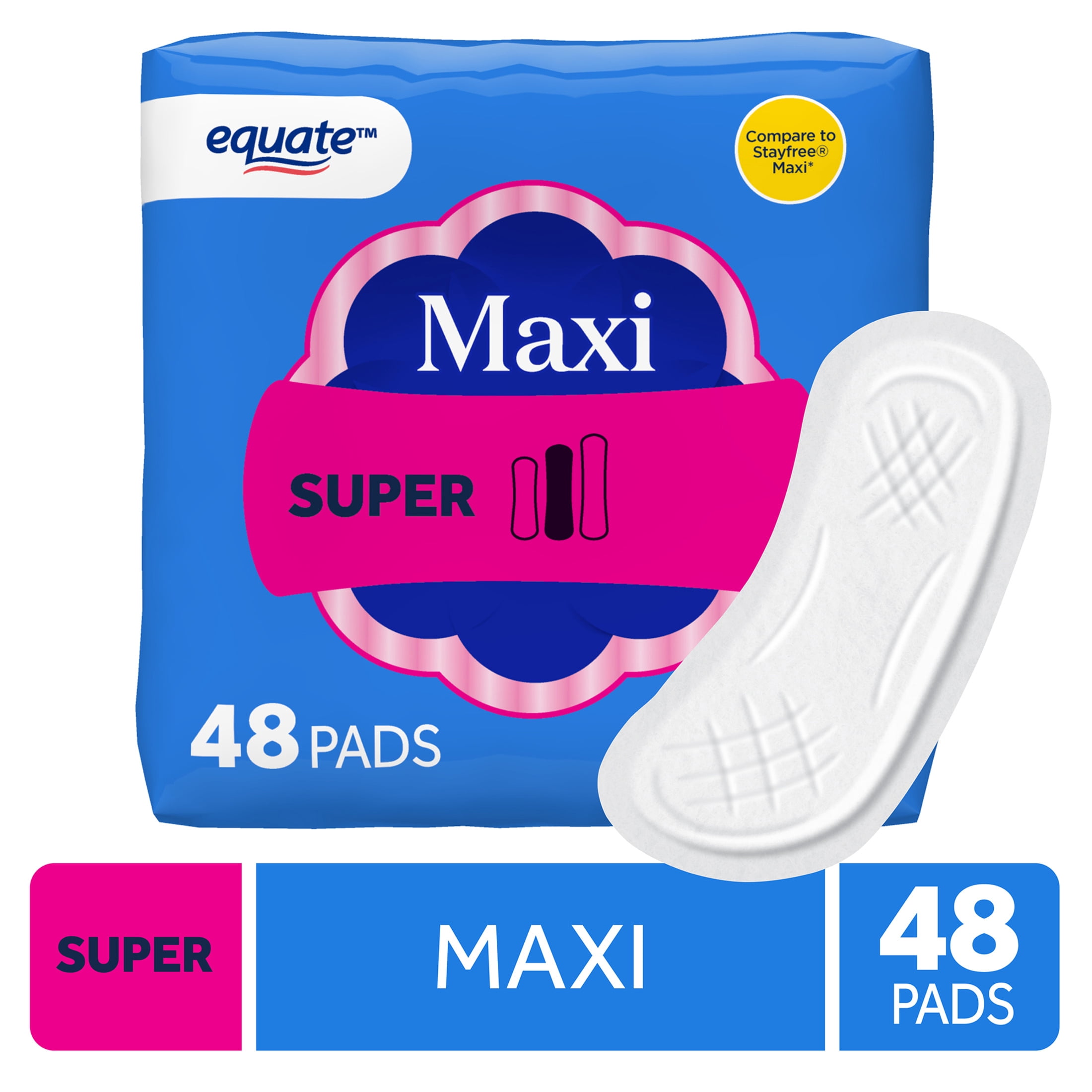(4 pack) Equate Maxi Pads, Super Absorbency, Size 2, 48 Count