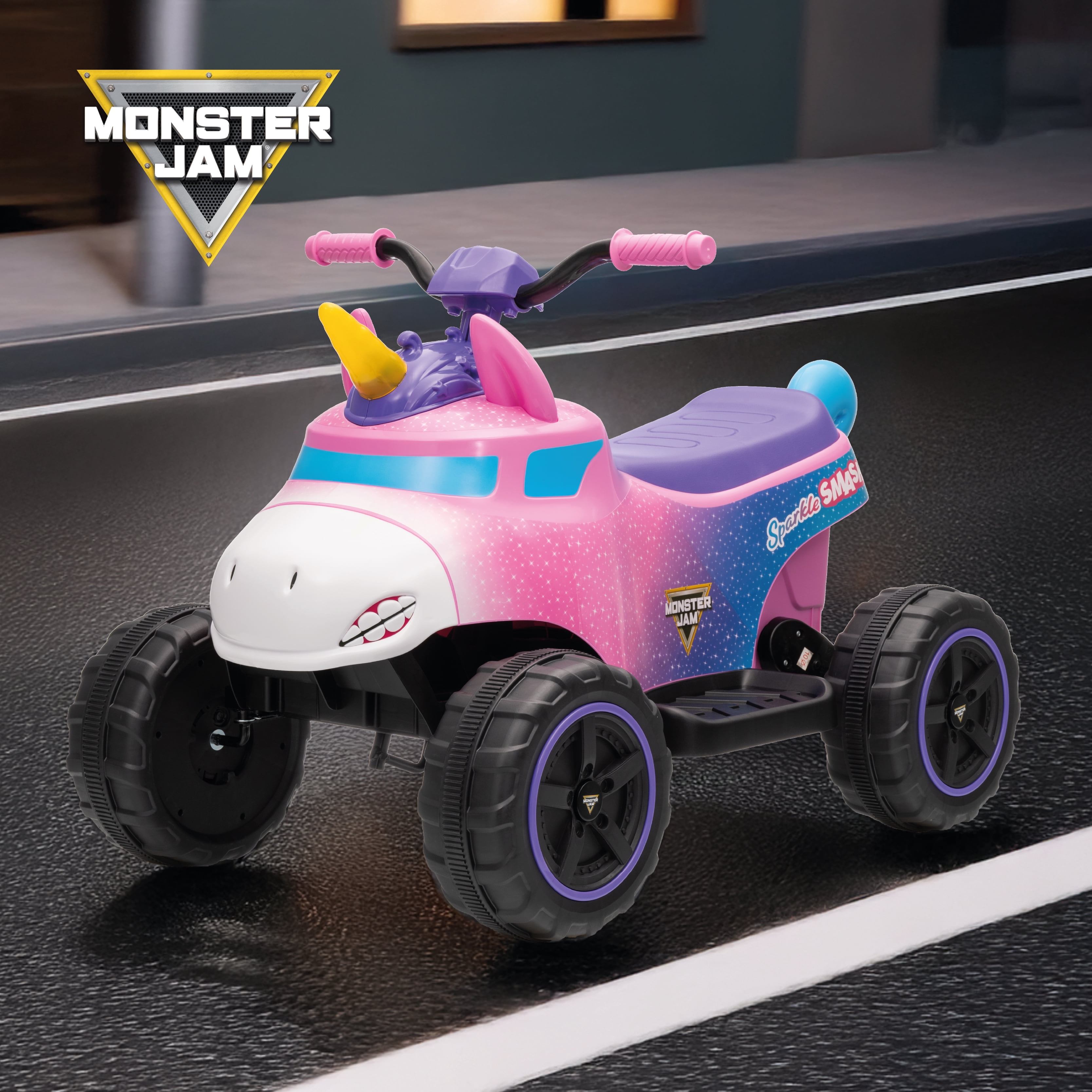 Monster Jam Sparkle Smash 12V Battery-Powered 1 Seat Ride-On ATV for Kids – Forward/Reverse Drive- 3.5 MPH, Rugged Wheels, Unicorn Design with Lights & Sounds