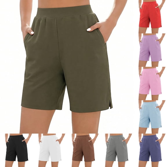 Miluxas Women's Summer Athletic Shorts Pull on High Waisted Yoga Shorts with Pockets Soft Stretch Workout Running Shorts Work Casual Bermuda Shorts White