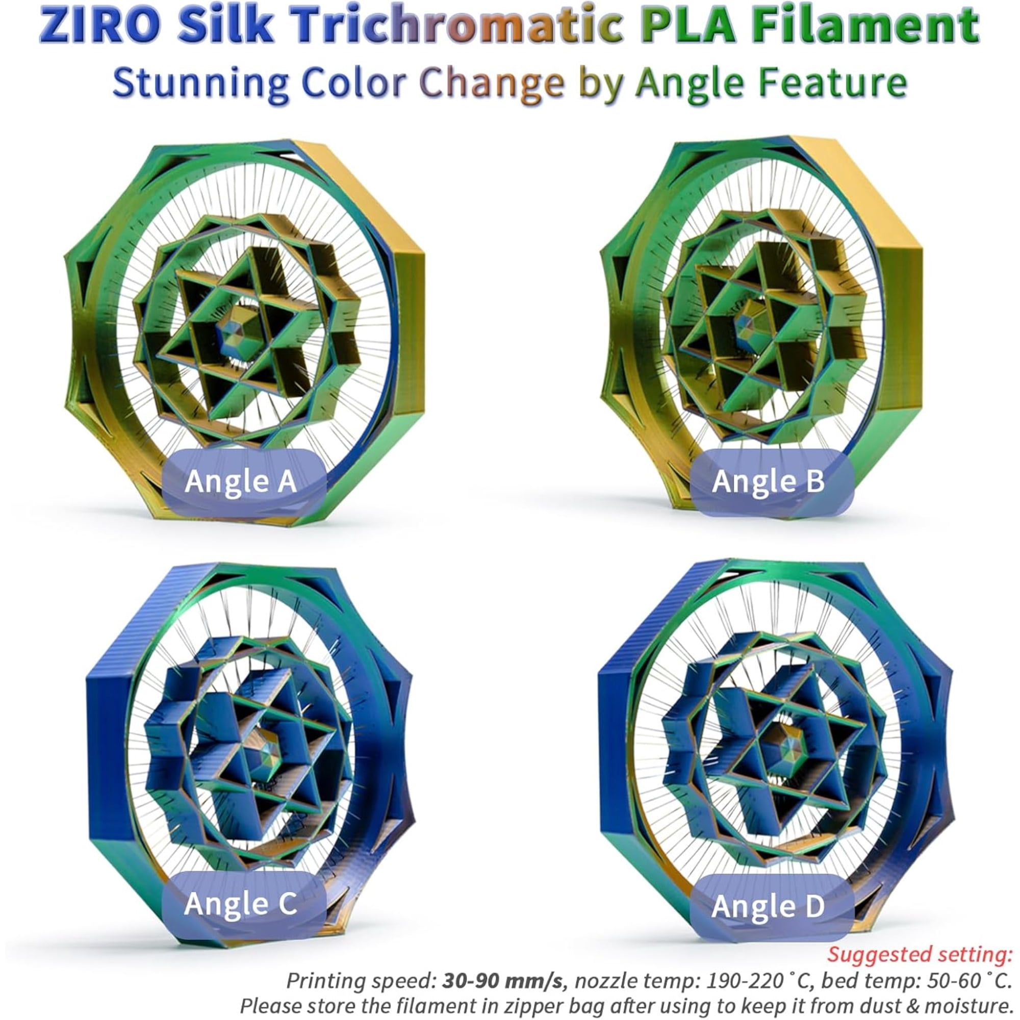 Ziro 3D Tri-color Silk PLA 1.75mm  1kg, Golden Oasis