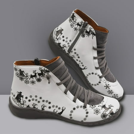 

Comfortable Short Shoes Printing Flat Christmas Toe Women Zipper Round Retro Booties Women s Boots Note Please Buy One Or Two Sizes Larger