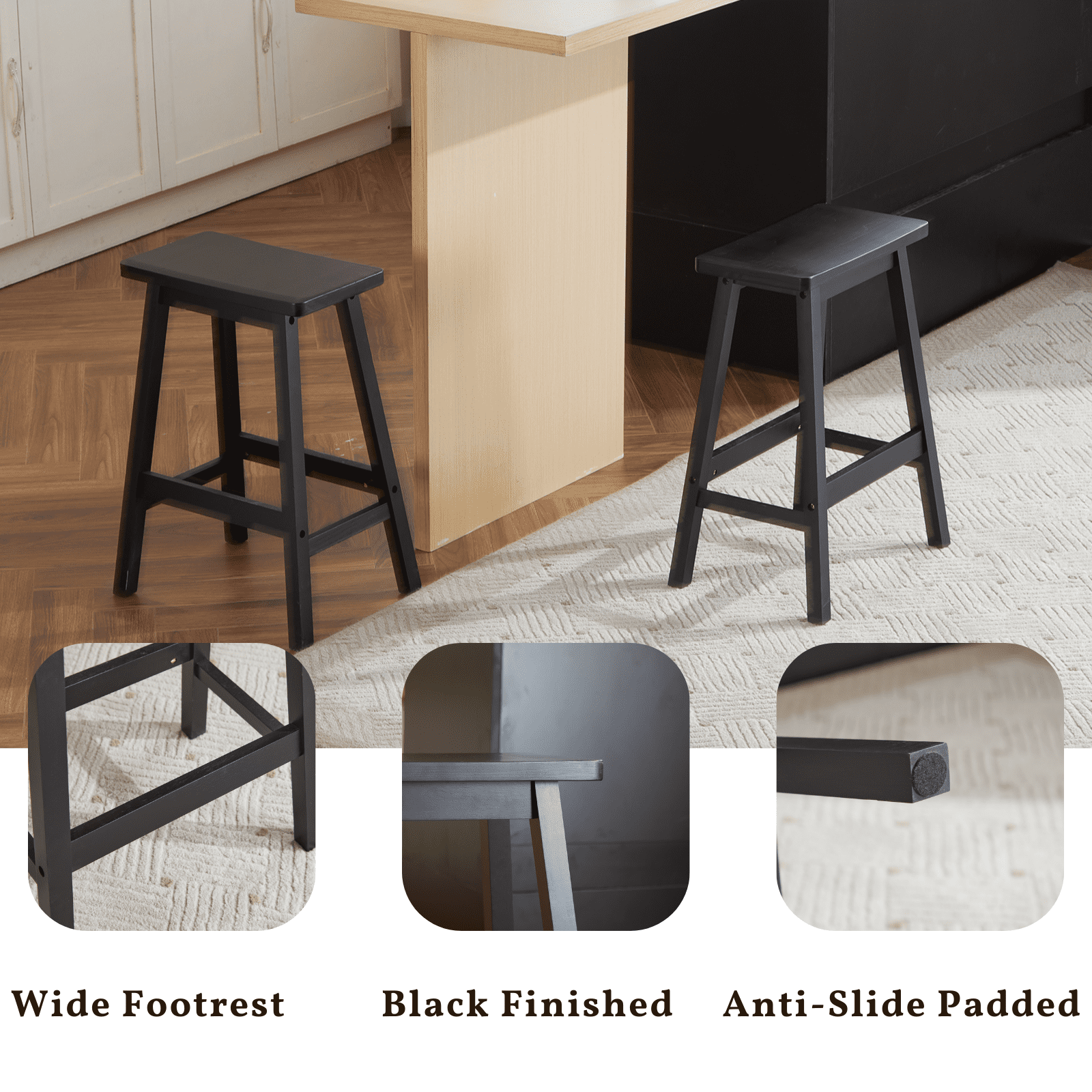 Ktaxon Saddle Seat 24" Bar Stools 2 Set, Set of 2 Counter Height Barstools Solid Wood Dining Room Kitchen Pub Chair,Black