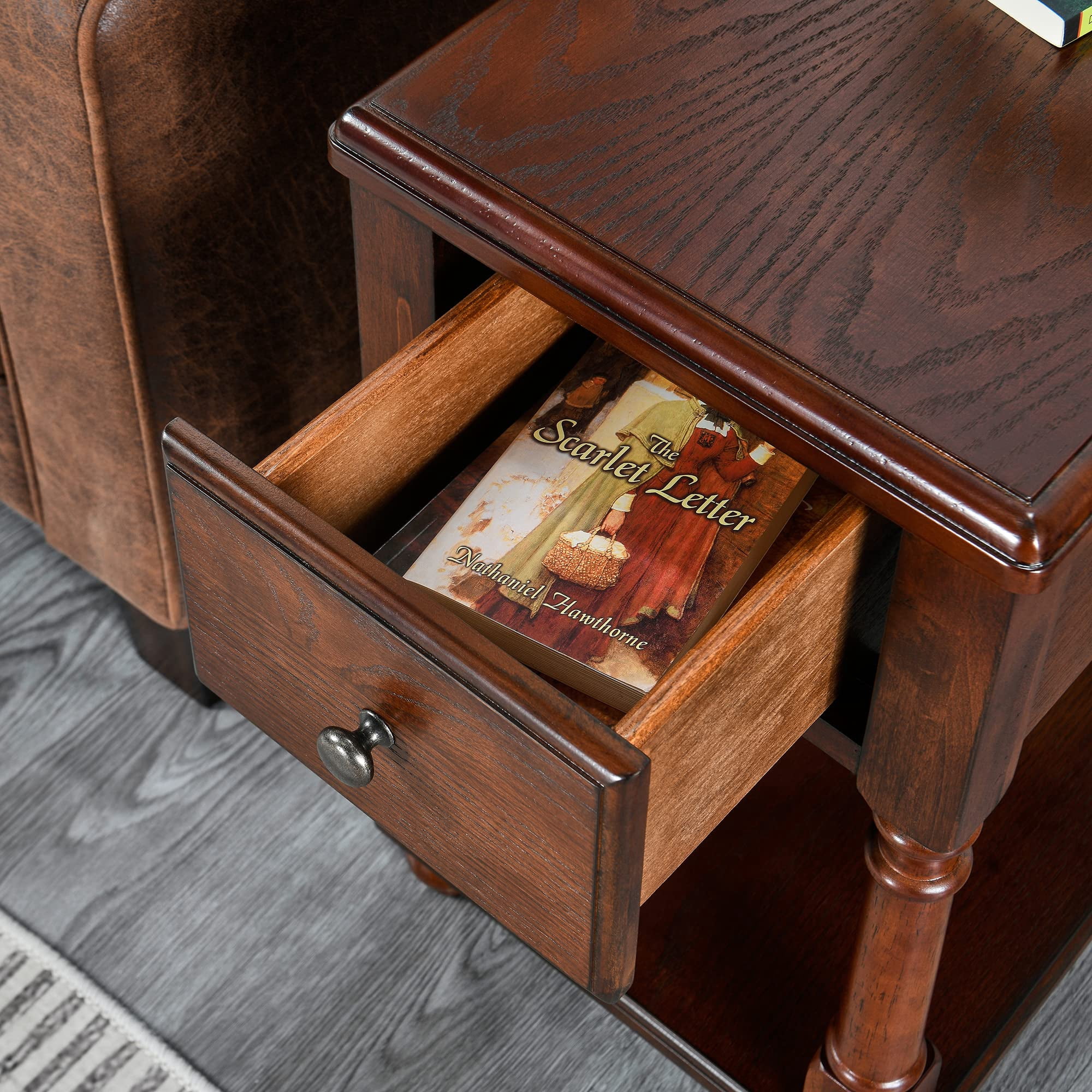 JESONVID Narrow Open End Table with Drawer, Solid Wood Side Table 2-Tier Skinny Table with Storage Shelves Slim Nightstand Small Sofa End Table for Living Room Bedroom-Mahogany 004DWA