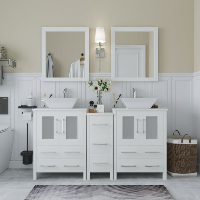 Vanity Art 60 in. W Double Sink Bathroom Vanity with Engineered Marble Top and Two Free Mirror
