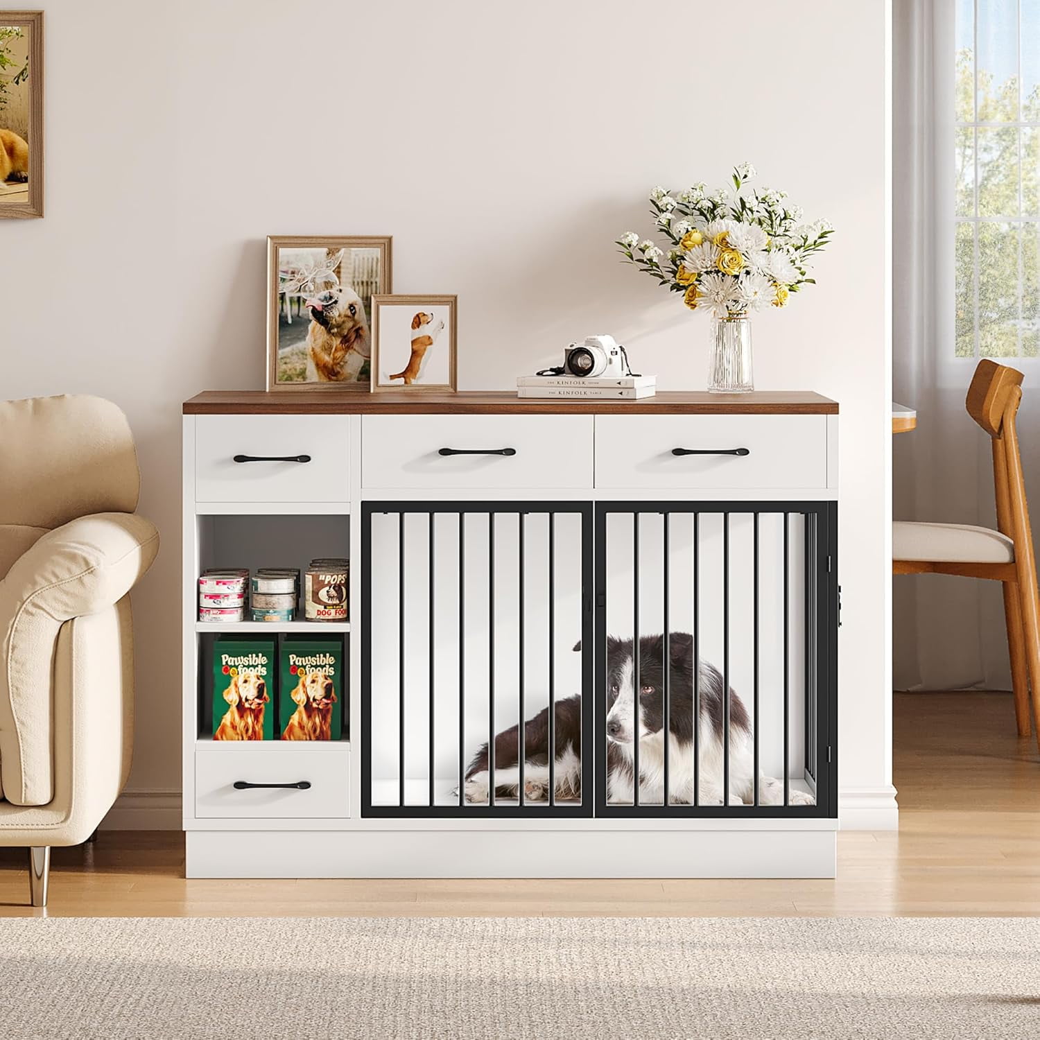 Selooye Large Dog Crate Furniture, Sturdy 2-Door 47.2" Wooden Furniture Style Crate for Dogs with 3 Storage Drawers and Hidden Feeding Bowl