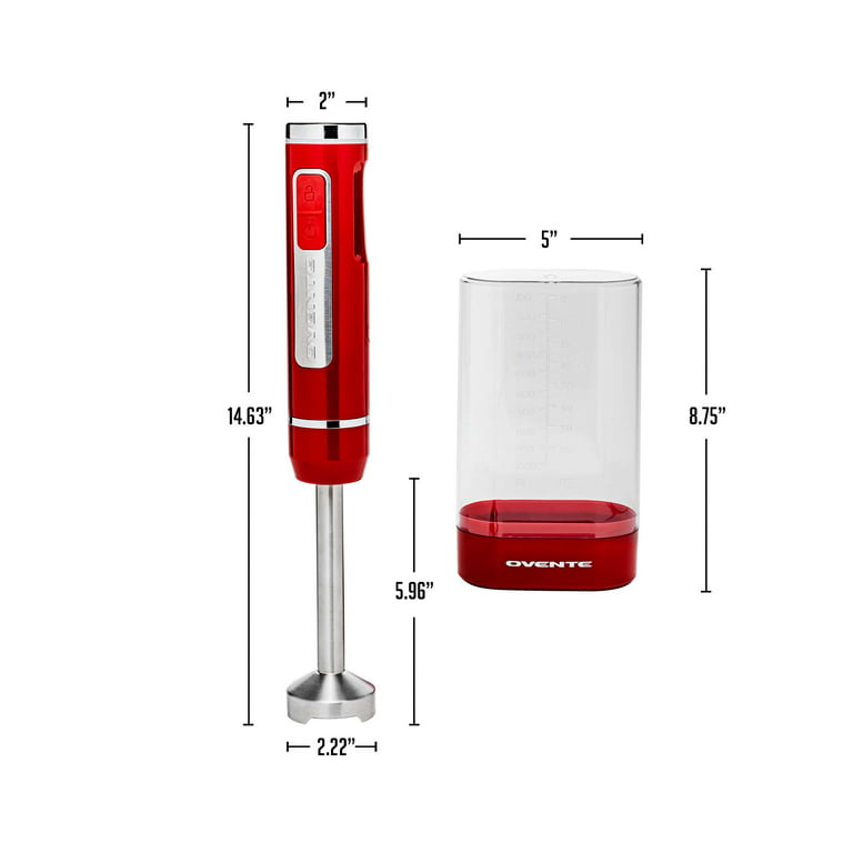 Ovente Immersion Blender Red Stainless Steel Blades 200-Watt Cordless