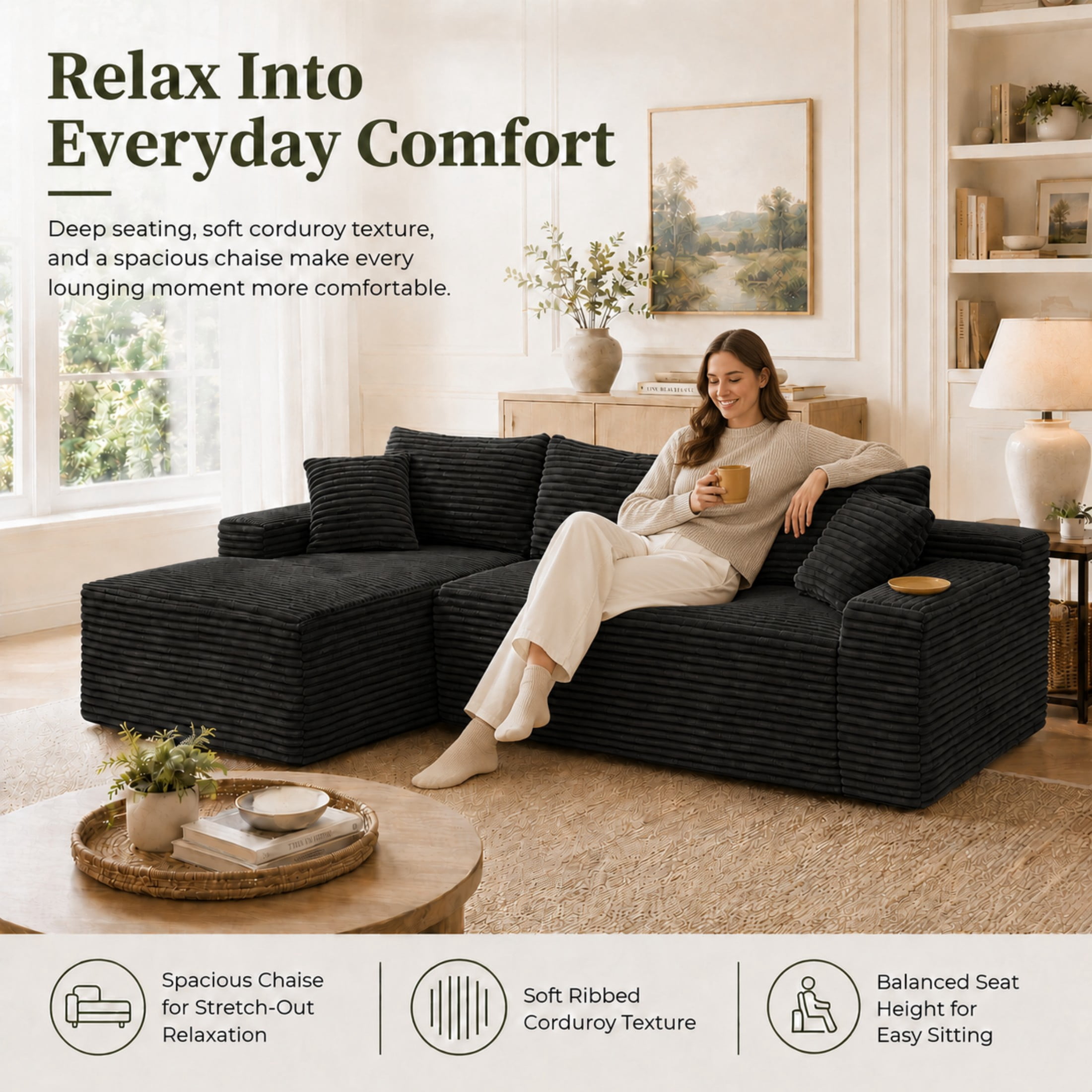 Aenkyo 106 Inch Corduroy L-Shaped Cloud Sectional Sofa with Reversible Chaise, Black