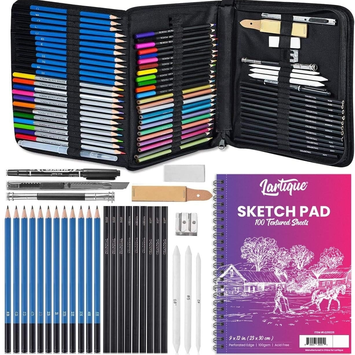 Lartique Art Supplies, 32 Piece Drawing Kit with Sketching Pencils and Drawing Supplies, for Artists