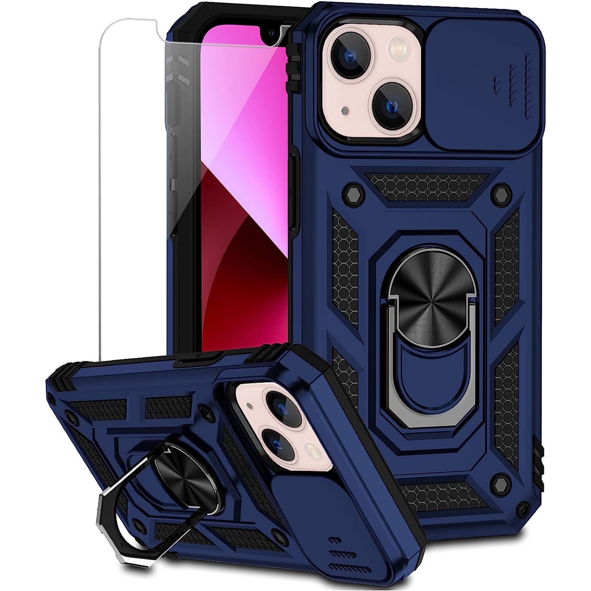 iPhone 13 Case with Screen Protector, Dual Layer Drop Protection, Magnetic Ring Holder - Navy Blue