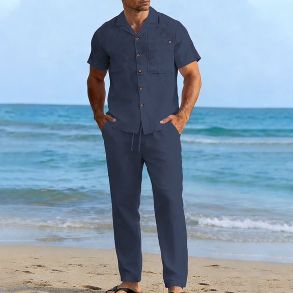 LEKWK 2 Piece Set for Men Short Sleeve Button Down Collared Tops and Straight Leg Pants Comfy Solid Summer Fashion Beach Vacation Casual Outfits