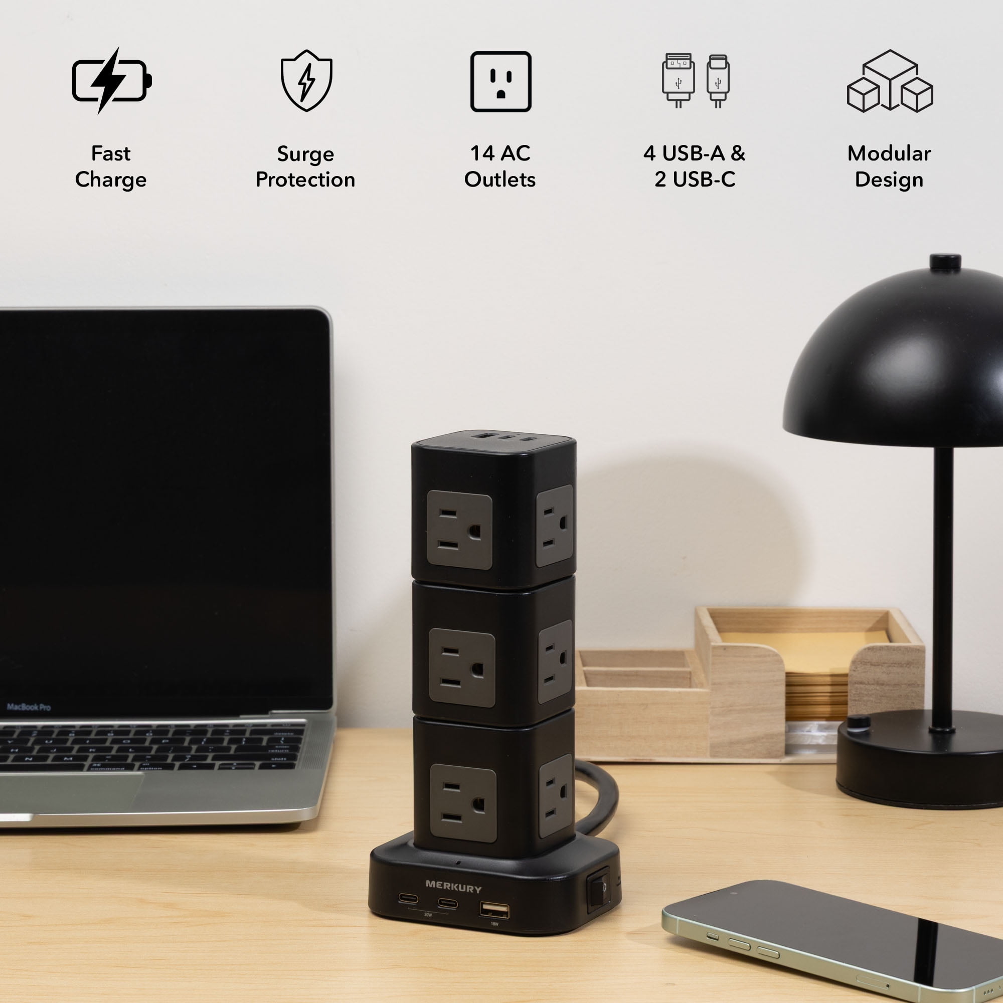 Merkury Innovations Power Tower Surge Protector, 14 AC, 6 USB-A, 4 USB-C, 4ft Cord, Black