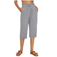 thumbnail image 3 of Cotton Linen Capri Pants for Women Elastic High Waist Relaxed Fit Straight Leg Cropped Pants Capris with Pockets, 3 of 6