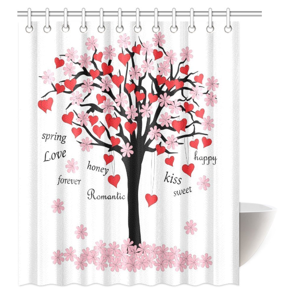 MYPOP Valentine Day Shower Curtain, Spring Tree of Love with Hearts in