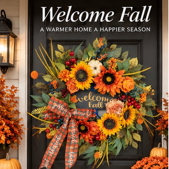 24 Inch Fall Wreath for Front Door, Artificial Sunflower Pumpkin Wreath with Welcome Fall Sign, Plaid Bow and Berries, UV Resistant Weatherproof Thanksgiving Outdoor Porch Decor