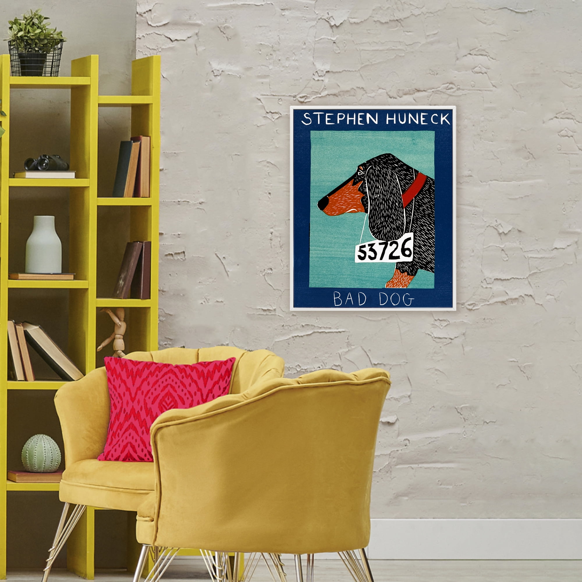 Bad Dog Dachshund White Framed Giclee Art, design by Stephen Huneck