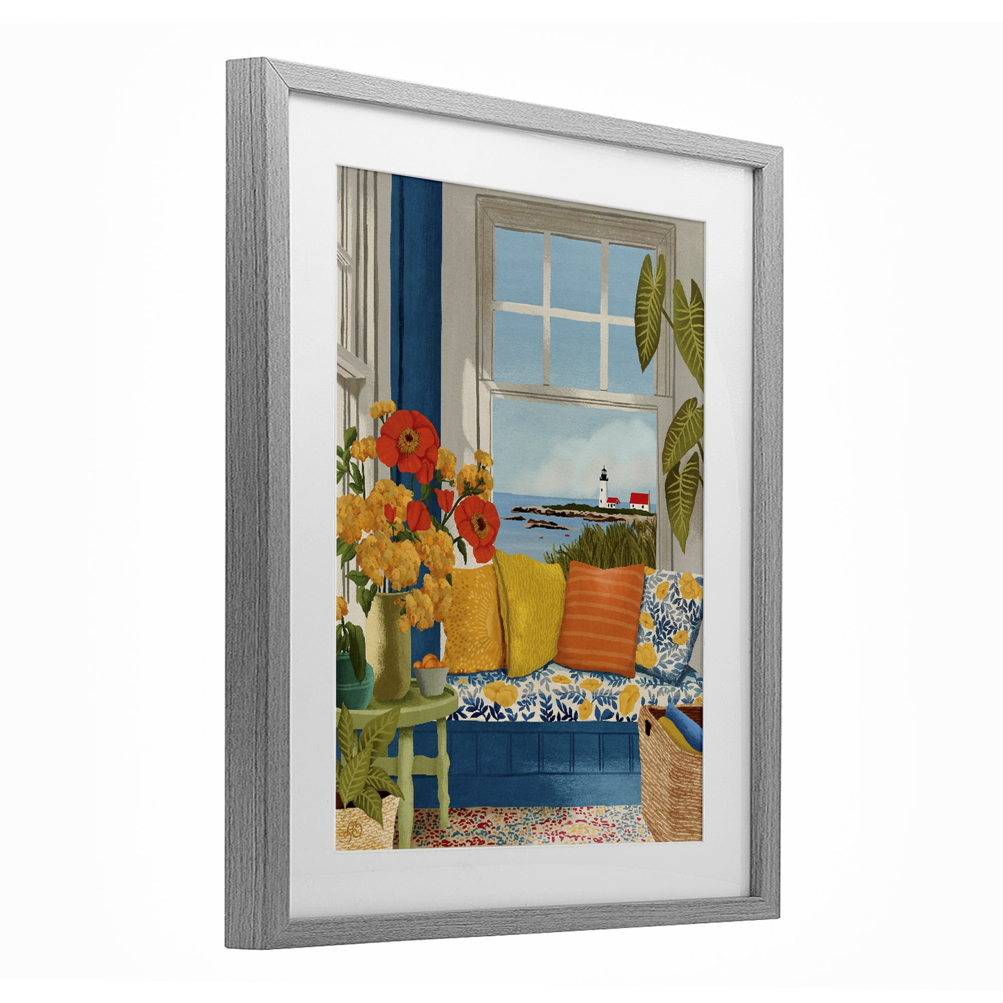 Stupell Industries Distant Lighthouse Window View Gray Framed Print Under Glass, design by Lisa R Dumm