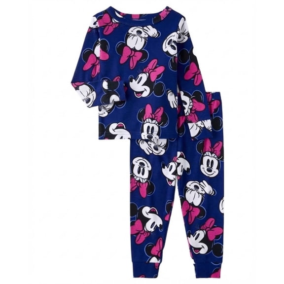 Minnie Mouse Toddler Girl's Navy Print Long-Sleeved Cotton Pajama Set, Size 2T