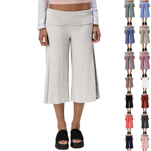 Wide Leg Cropped Pants for Women Low Rise Fold Over Stretch Gaucho Pants for Summer Beach Holiday Streetwear Gray M