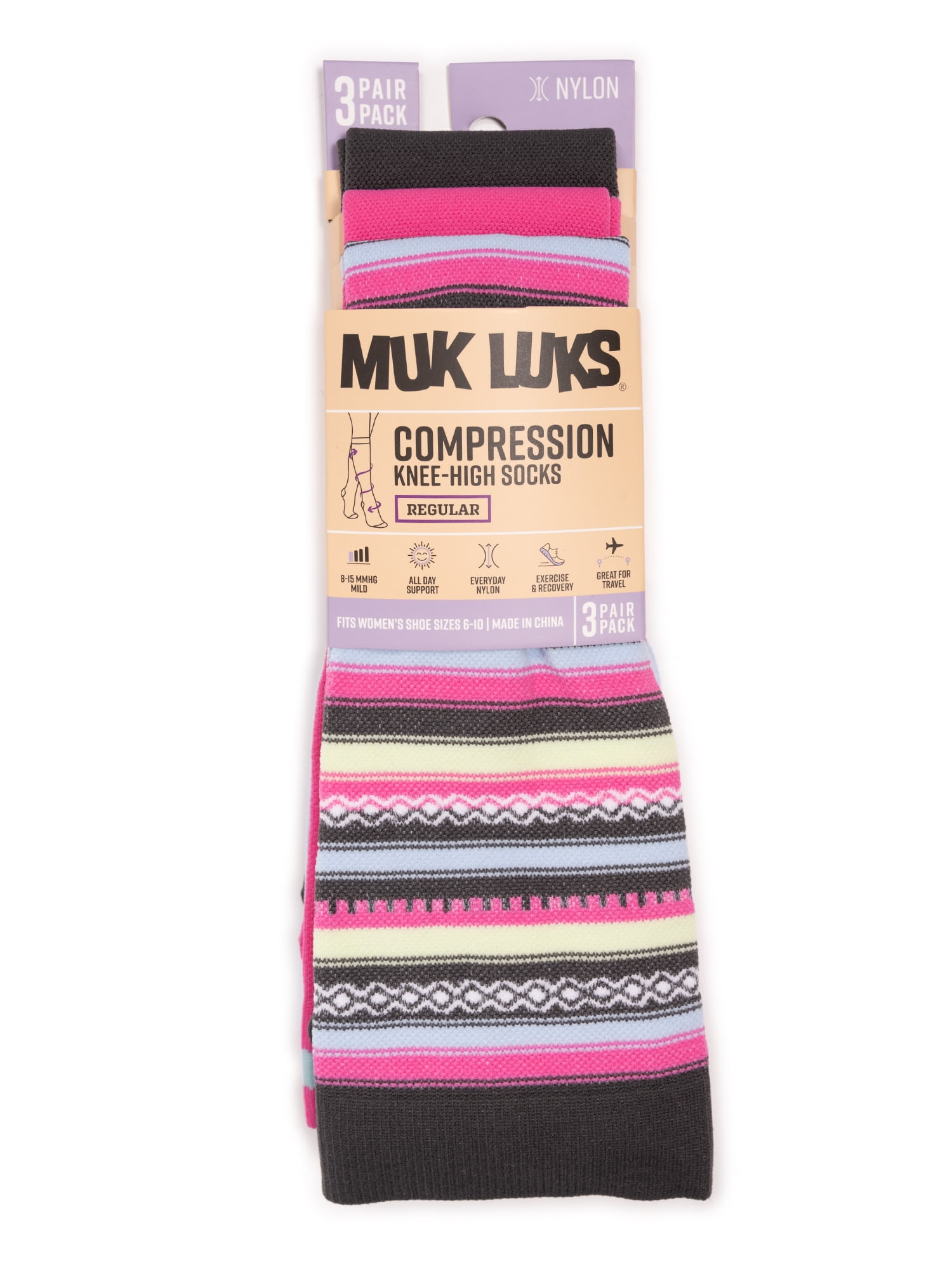 MUK LUKS Women's Wide Width Compression Nylon Knee-High Socks, 3-Pack, Shoe Size 6-10