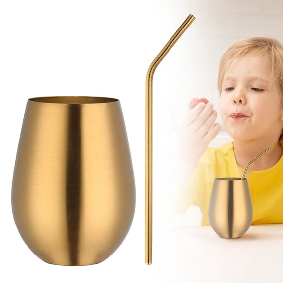 SomWiBe Stainless Steel Stemless Wine Glass 17 Oz Tumbler With Straw, Unbreakable Metal Wine Cup For Outdoor Camping Pool Gold 1 Pack