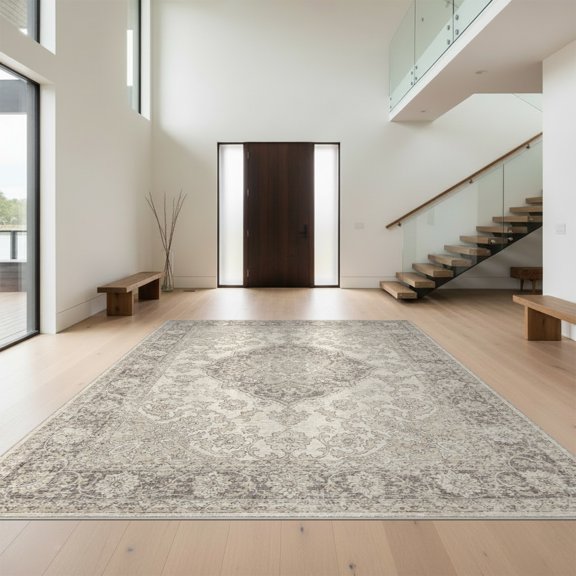 Design&I 8'x10' Washable Area Rug Beige Traditional Throw Motif Ornate Framing Vintage Abstract for King Size Bedroom, Under Bed, Sleek Flatweave Pet Friendly