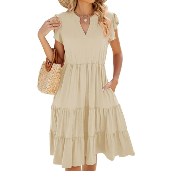 QINCAO Womens Dresses Summer Casual V Neck Ruffle Sleeve High Waist Flowy Tiered Mini Dress with Pockets S-2XL