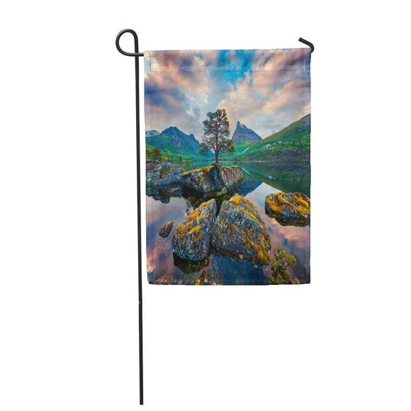 POGLIP Fantastic Summer Sunrise Innerdalsvatna Lake Colorful Morning Scene in Norway Garden Flag Decorative Flag House Banner 12x18 inch