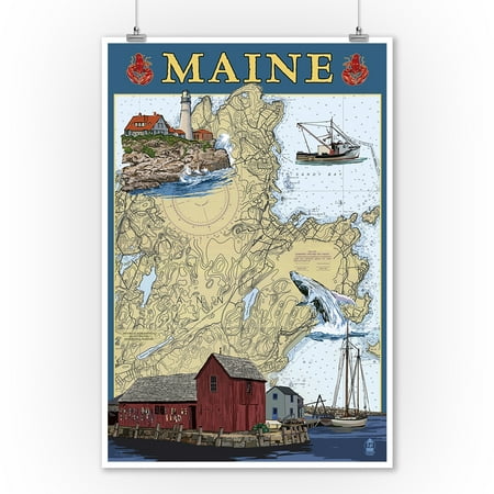 Maine Lake Charts Maine Scenes - Nautical Chart - Lantern Press Poster (9x12 Art Print, Wall Decor Travel Poster) ()