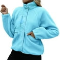 thumbnail image 2 of Womens Fleece Jacket Fuzzy Long Sleeve Short Winter Coats Button Down Jacket Outerwear with Pockets Light Blue L, 2 of 6