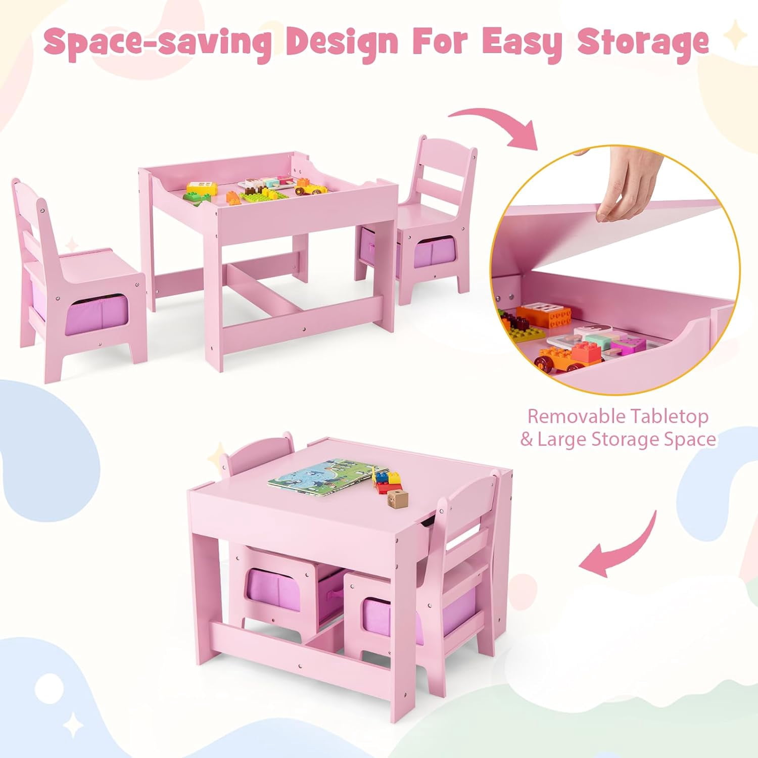 Neatifyes Kid Table and Chairs, 3 in 1 Wooden Activity Desk Set w/ Reversible Chalkboard & Storage Space for Arts, Crafts, Drawing, Reading, Playroom, Toddler Table and Chair Set for Boy Girl (Pink)
