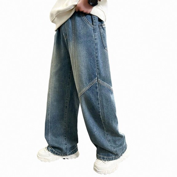 NAISIBABY Boys Wide Leg Jeans,High Waist Casual Fall Winter Denim Pants with Pockets Blue Size 14