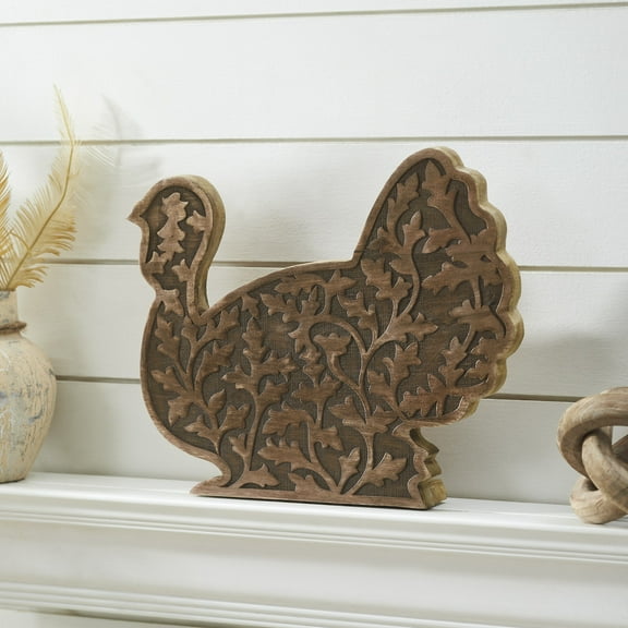 VHC Brands Dark Wooden Carved Vine Turkey , Fall and Thanksgiving Home Decor for Tables and Shelves, Indoor Decorations for Tabletop Dark Brown, 11.5x13.5