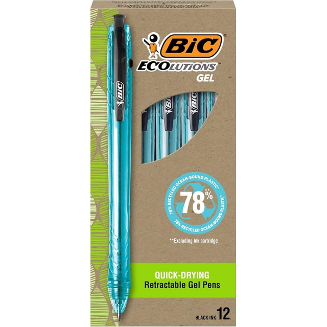 BIC Ecolutions Ocean-Bound Plastic Gel Pens, Medium Point (1.0mm), 12-Count Pack, Retractable Black Ink Pens Made from 78% Ocean-Bound Recycled Plastic Excluding Ink Cartridge (Black)