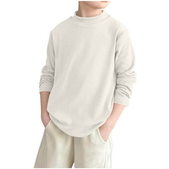 Ohufall Boys Girls Ribbed T-Shirts 4-16 Years, Autumn Winter Loose Comfy Long Sleeve Tops Fashion Solid Color Casual Pullover Warm Blouses for Kids