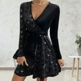 thumbnail image 4 of BAETEUY Women Dress V Neck Lace-up Tight Waist Sequin Decor A-line, 4 of 8