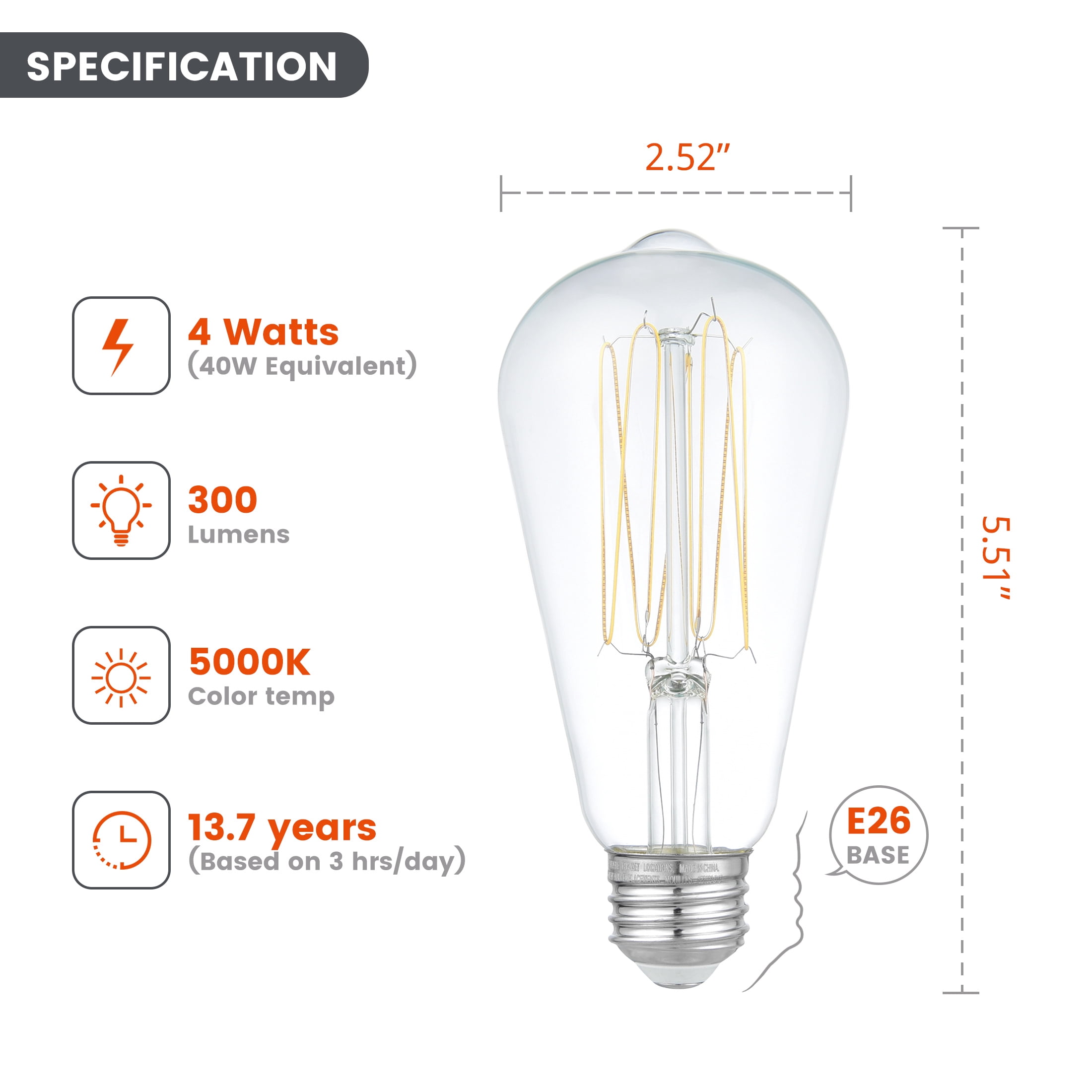Better Homes & Gardens 4W(40W Equivalent) Daylight Dimmable ST19 Thin Filament Light Bulb E26 Base 2 Pack