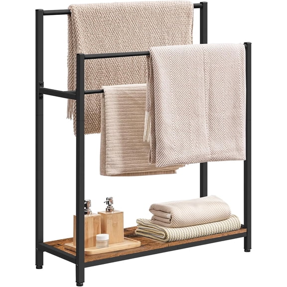 Extra Large Free Standing Towel Rack, 3 Tier Blanket Rack, Blanket Holder for Bathroom, 32.3" L x 11.4" W x 39.4" H, for Living Room, Bedroom, Rustic Brown and Black